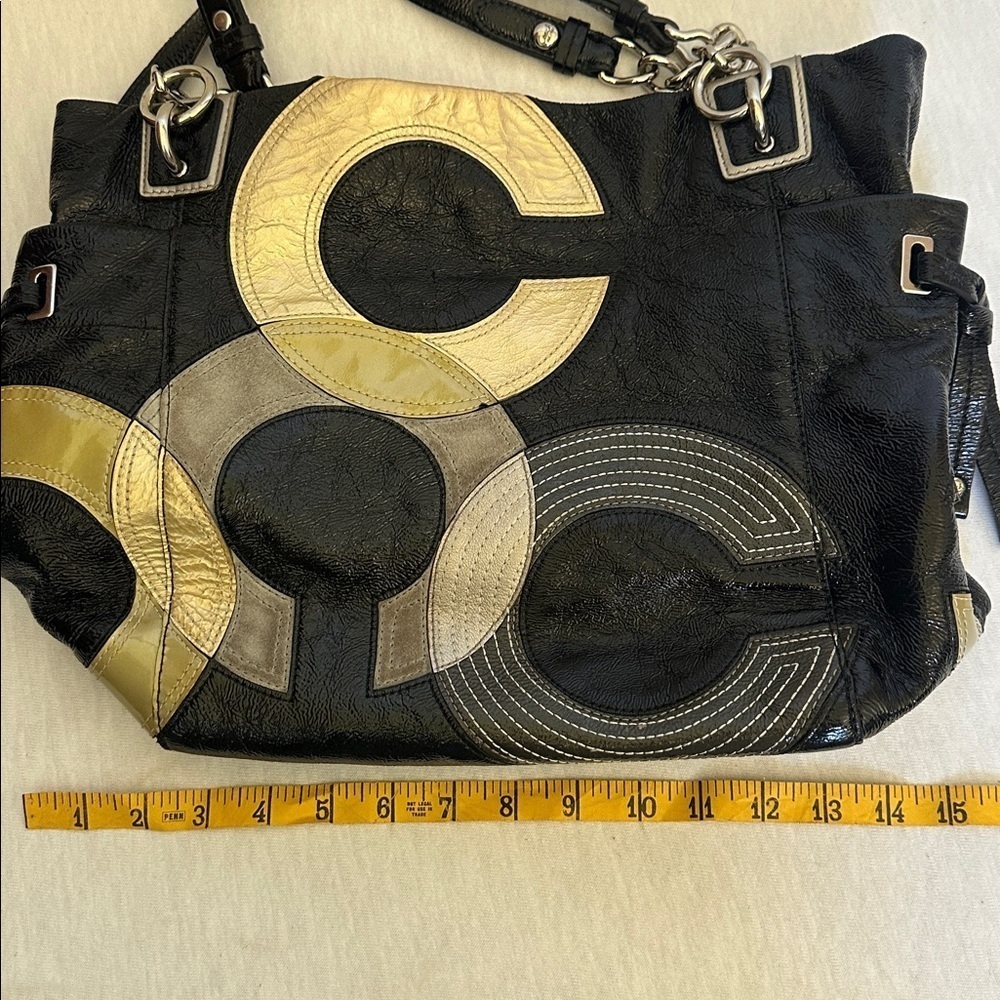 Coach Vintage “C” Signature Inlaid Black Gray Gold Patent Leather Peyton Tote - Picture 3 of 16